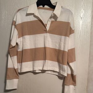 Striped Tan and White Long Sleeve Polo Shirt